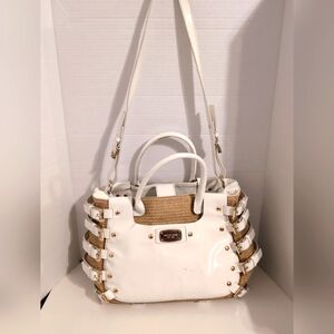 Michael Kors White Patent Leather & Beige‎ Raffia Buckled Hobo Bag